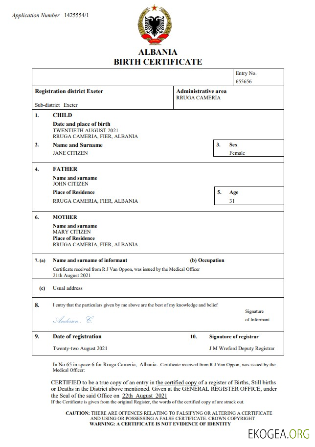 Acte de naissance en Albanie Word et PDF